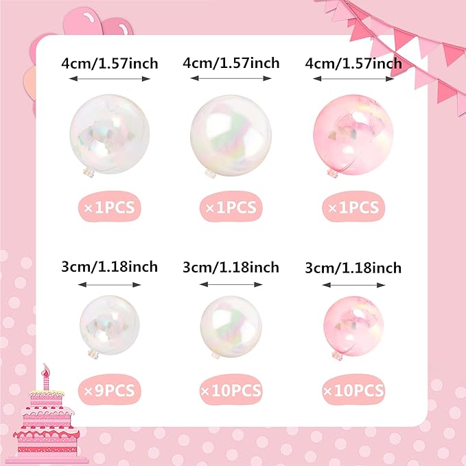32 PCS Colorful Ball Shaped Cake Topper Pearl Balls Cupcake Cake Insert Topper for Birthday Party Wedding Decoration (White Clear Pink)