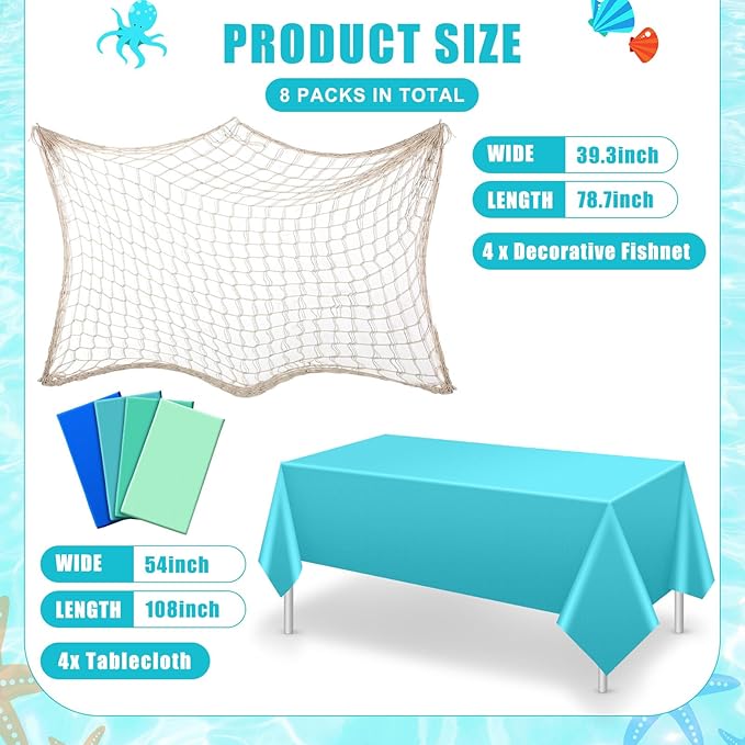 Unittype 8 Pcs Fish Net Decorative and Tablecloth Set, Cotton Fishnet and Plastic Table Cover Decorations Set for Nautical Themed Party Baby Shower Pirate Decorations Mermaid Party (Coastal Colors)