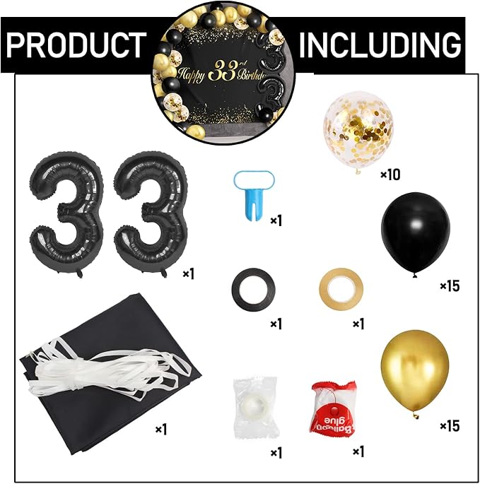Happy 33nd Birthday Balloons Black Set Decor - Cheers to 33 Years Old Party Theme Garland Banner Backdrop Decorations For Women and Men Supplies