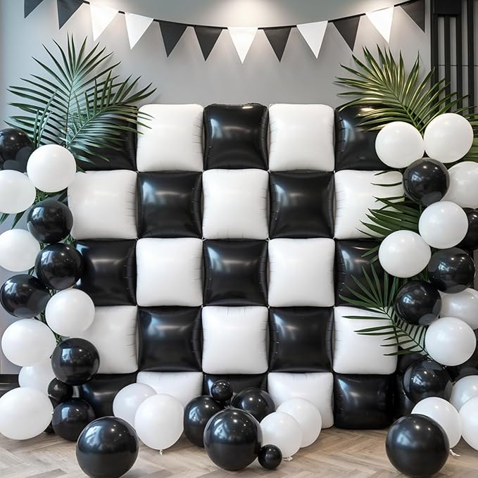 Black White Square Foil Balloon Wall,25Pcs Sand White Black Double Sided Foil Balloons Backdrop Helium Polyester Tunnel Arch Garland Kit for Birthday Bridal Anniversary Party Decorations