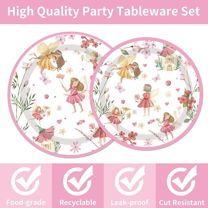 Fairy Birthday Party Supplies Tableware - 96PCS Butterfly Flower Fairies Plates and Napkins Birthday Decorations, Enchanted Forest Garden Party Tableware Set, Fairy Party Supplies Serve 24 Guests