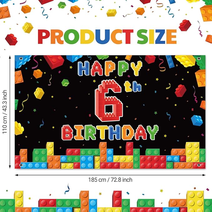 Panelee Building Block Birthday Banner Building Blocks Party Backdrop Decoration Happy Birthday Banner Photography Background for Party, 72.8 x 43.3 Inch(Black,6th)