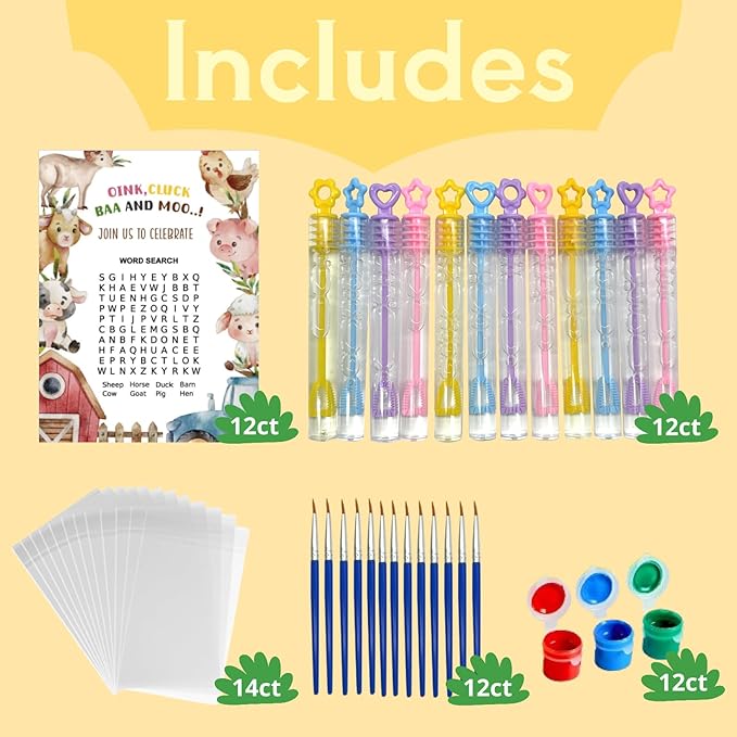 GEECOZYLIFE Farm Party Favors - 12 PCS Farm Animals with Art Supplies - Farm Barnyard Wooden Painting Kit with Bubble Wands - Kids Birthday Boys Girls Gifts Bulk
