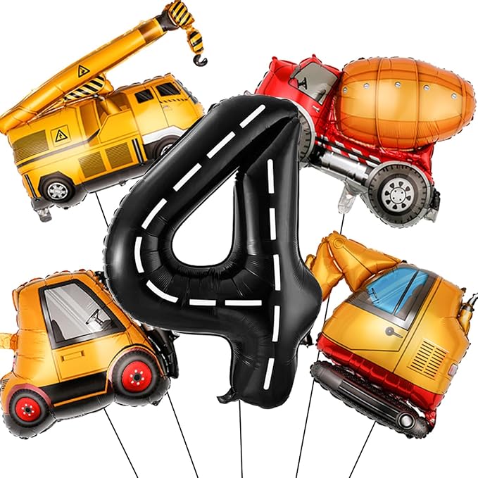 Construction Birthday Decorations 4 Year Old, Large Construction Balloons 40Inch Racetrack Black Number 4 Balloons Construction Truck Foil Balloons for Boys 4th Construction Birthday Party Supplies