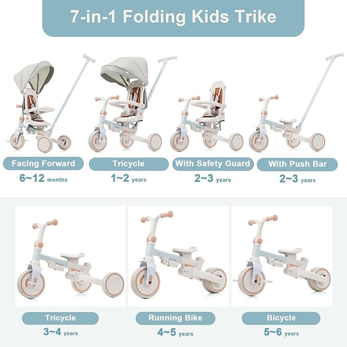 7-in-1 Baby Tricycle with Adjustable Parent Handle - Foldable Toddler Bike w/Removable Canopy & Guardrail, Aluminum Alloy Frame Stroller Bike for 1-6 Years Old (12-72 Months) (Blue)