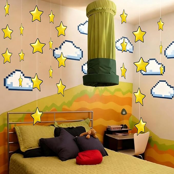 Epakh 24 Pcs Super Themed Party Decorations Hanging Birthday Party Decoration Gold Video Game Theme Ornaments Banners for Baby Shower Favors Super Game Room Home Supplies(Star)