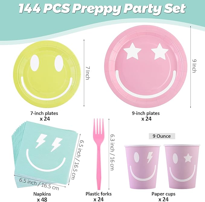 durony 144 Pieces Preppy Smile Face Party Tableware Set Party Decorations Include Smile Face Paper Plates Napkins Cups and Forks for Preppy Birthday Party Baby Shower Decor, Serve 24 Guest