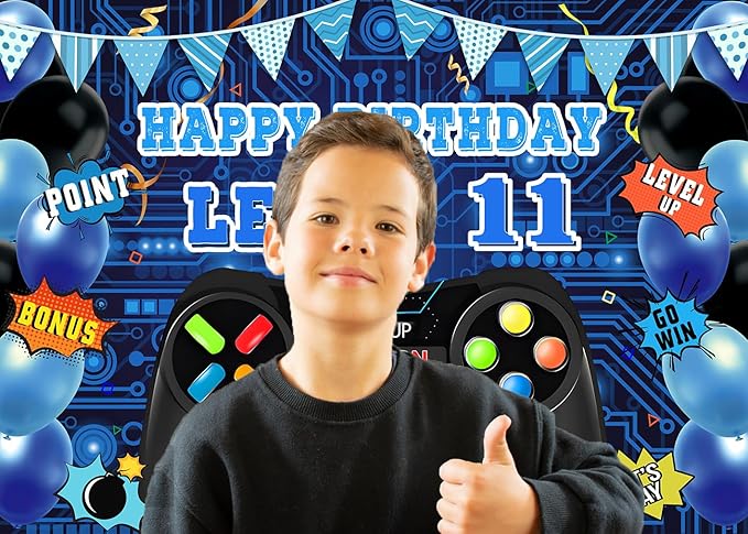Game Theme Level 11 Birthday Backdrop Video Game Happy 11th Birthday Party Decorations Level Up Theme Boys Kids Birthday Party Supplies(7×5FT)
