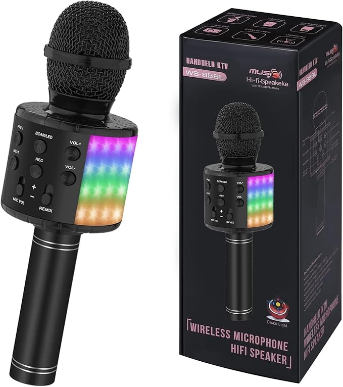 Bluetooth Karaoke Microphone for Singing: Professional Handheld Wireless Microphone with Lights for Kids Adults Black
