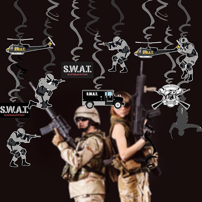 SWAT Theme Hanging Swirl Birthday Party Decors Special Forces Party Dizzy Danglers Military Ceiling Streamers Party Supplies for Adults Pretend Play Role Play Party Birthday
