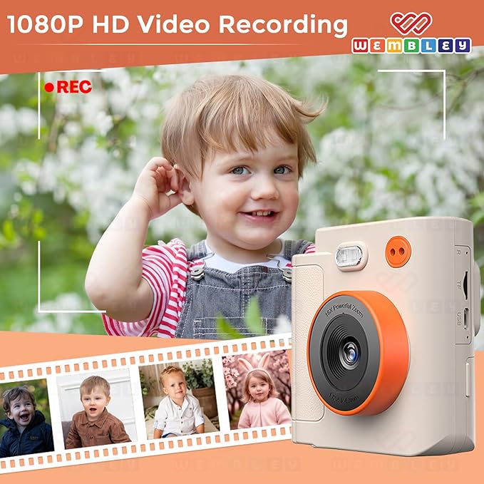 Wembley Kids Camera Instant Print | Birthday Gift Toys for Boys & Girls 3–10 Years | Unicorn Digital Dual Lens Toddler Camera Thermal Printer | 48MP 1080P Selfie & Video | 16X Zoom 32GB SD Card -Cream