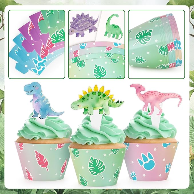 48 Pack Watercolor Dinosaur Cupcake Toppers and Wrappers, Colorful Dinosaur Party Cake Decoration for Dino Theme Birthday Party Baby Shower Supplies
