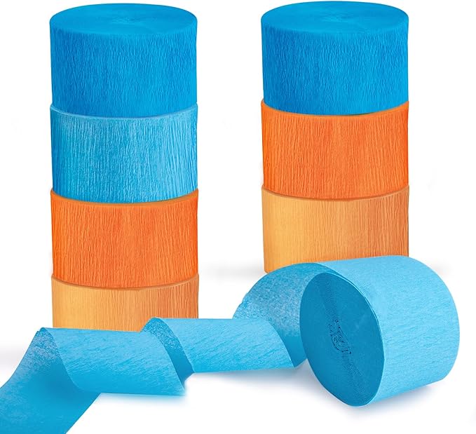 Riqiaqia Crepe Paper Streamers Party Decorations, Blue and Orange Party Decorations, 8 Rolls of Blue, Orange Party Streamers for Blue Dog Birthday Party Supplies