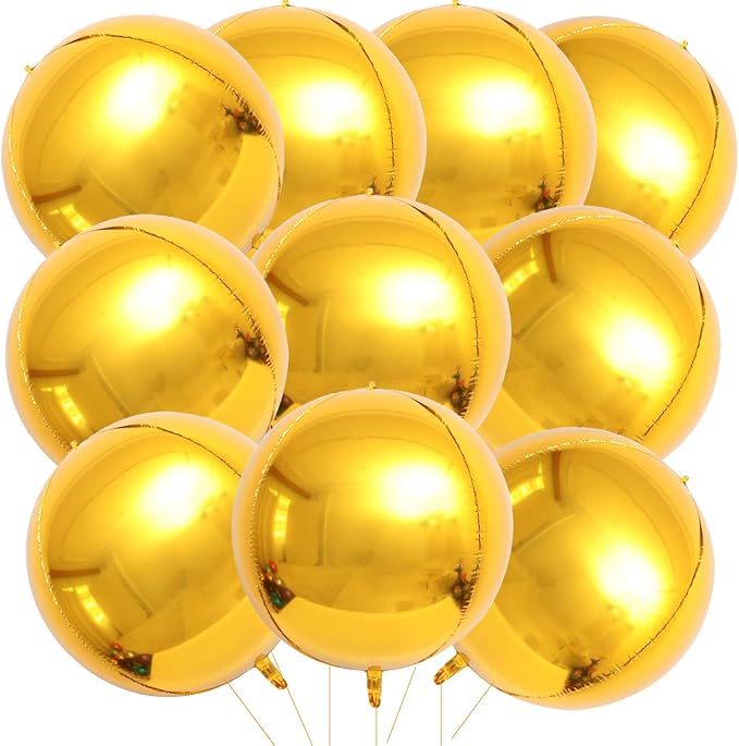 KALOR 10 Pcs 22 Inch Gold Mylar Balloons, Large 4D Giant Round Foil Balloon Big Mirror Metallic Balloons for Birthday Party Baby Shower Gender Reveal Supplies
