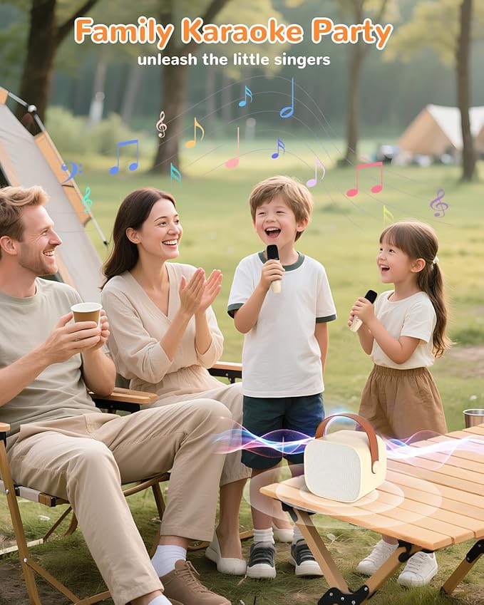 Mini Karaoke Machine for Kids Gifts for Girls Boys with 2 Wireless Microphones,4 Magic Voices,Portable Design for Indoor Outdoor Party Singing Fun,Birthday Christmas Toys for Children 3-12 Beige