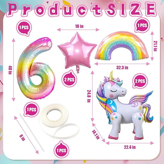 6PCS Self Standing Unicorn Balloons, Unicorn Balloon, Large Rainbow Balloon, Colorful Number 6 and Star Balloons for Girl 6th Birthday Party Decorations Supplies.(6th)