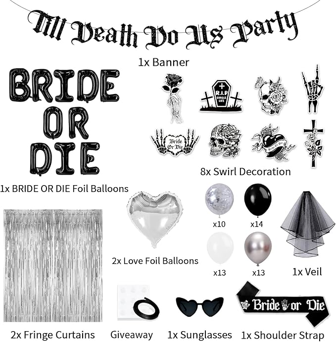 Bride or Die Bachelorette Party Decorations, 67pcs Till Death Do Us Party Banner Balloons Swirl Fringe Curtains Shoulder Strap Veil, Til Death Do Us Party Bachelorette Party Supplies