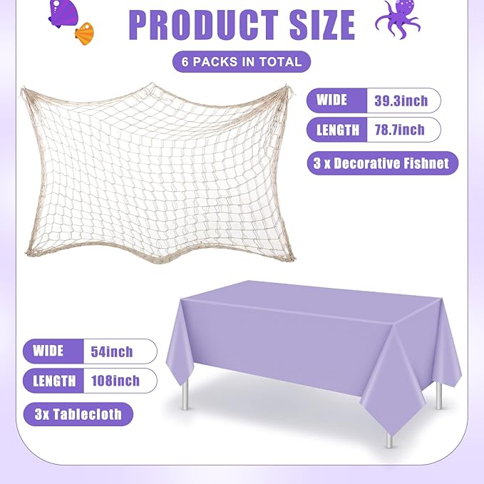 Unittype 6 Pcs Fish Net Decorative and Tablecloth Set, Cotton Fishnet and Plastic Table Cover Decorations Set for Nautical Themed Party Baby Shower Pirate Decorations Mermaid Party(Light Purple)