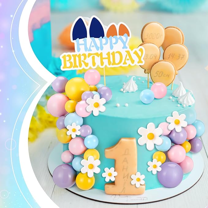 63 Pcs Blue Dog Cake Toppers with Balls Cake Picks and Daisy Flowers for Birthday Decoration Groovy Pastel Cupcake Inserts Hippie Wedding Party Supplies(Happy Birthday)