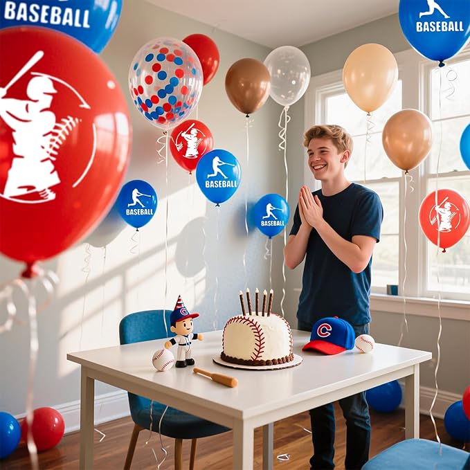 Baseball Balloons, 16Pcs 12Inch Red Blue Brown Confetti Baseball Party Balloons for Boys Kids Boy Baseball Birthday Sport Party Decorations Sports Themed Baby Shower Graduation Party Supplies