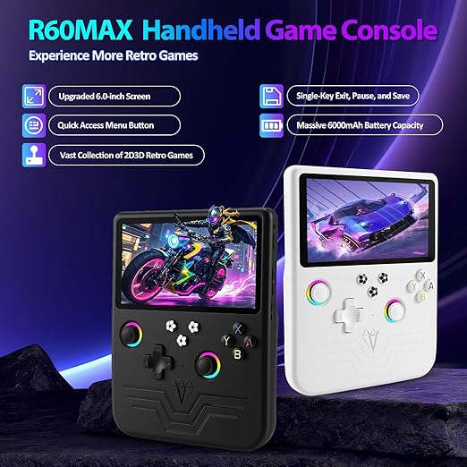 R60MAX Retro Handheld Game Console, 6.0 Inch HD IPS Screen, Retro Gaming Console Built-in 20000+Games, Portable Video Console, Linux System, Retro Game Consoles Ultra-Long Standby Time (White 128GB)