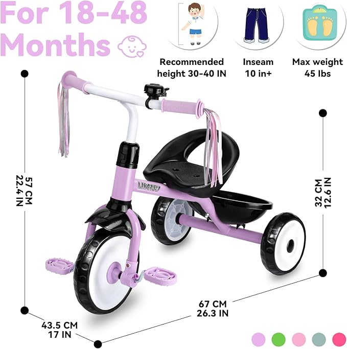 Liberry Toddler Tricycle Age 2 3 4 Years Old, Kids Trike with Bell, Back Basket and Removable Pedal, 3 Wheel Bike Riding Toy Gift for Girls, Purple