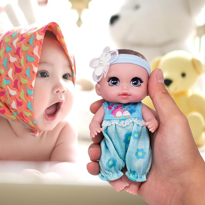 6" Cute Small Baby Doll Newborn Baby All Vinyl Reborn Baby Dolls for Girls Swivel Mini Dolls 16 cm Crying Baby DIY Toys for Ages 3+(Blue)