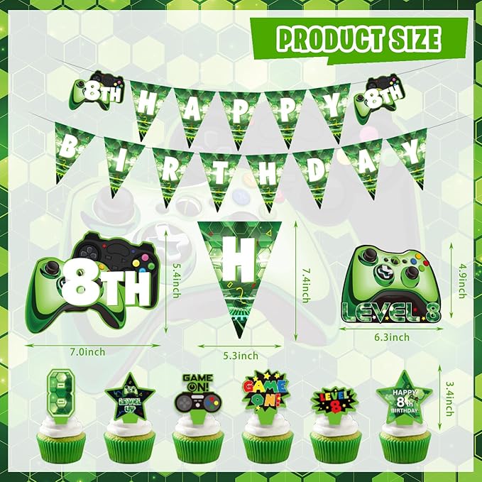 8th Birthday Decorations for Boys, 148Pcs Green Video Game level 8 Party Supplies for Boy 8th Birthday - Backdrop, Banner, Balloons, Tablecloth, Centerpieces, Hanging Swirl, Hat, Wall Signs