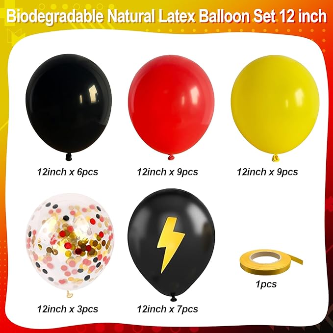 Red Yellow Black Balloons, 12 inch Lightning Cartoon Ball Anime Balloon Birthday Decorations, Lightning Printed Balloons Red and Black Confetti Balloon for Boys Theme Race Car Party Decor