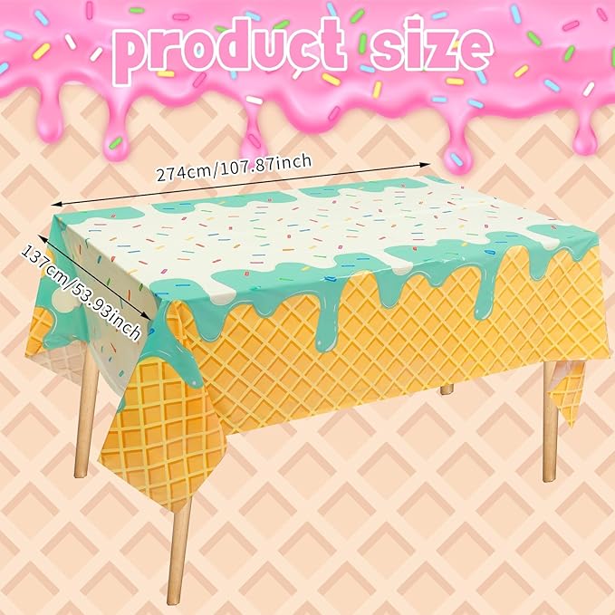 Ice Cream Party Supplies, 4 Pack Ice Cream Disposable Tablecloth 54 x 108 in Waterproof Plastic Rectangular Table Cover for Birthday, Summer Party, Baby Shower, Sweet Dessert