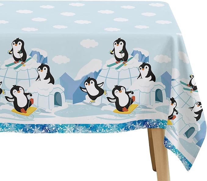 APOWBLS Penguin Birthday Decorations Tablecloth, 3 Pack Disposable Winter Penguin Party Supplies Table Cover for Birthday Baby Shower, 55in x 86in