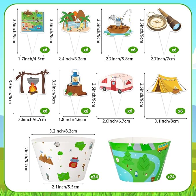 48 Pack Camping Cupcake Toppers and Wrappers, Woodland Adventure Party Cake Decoration for Camping Theme Birthday Party Baby Shower Supplies