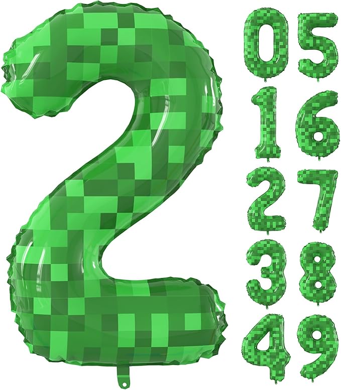 40 Inch Green Pixel Miner Theme Number Balloons Large Birthday Party Number Balloons Mining Gaming for Kids Birthday Party Decoration Supplies (Number 2)