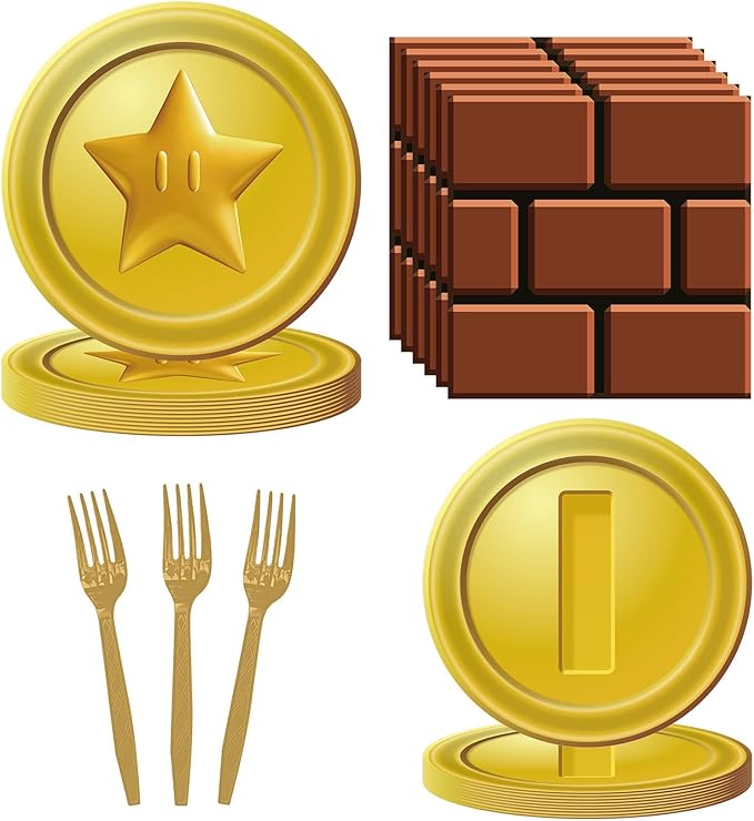80PCS Mario Bros Birthday Supplies Kit for 20 Guests - Gold Mario Bros Theme Party Tableware Pack Includes Plates, Napkins, Plastic Forks