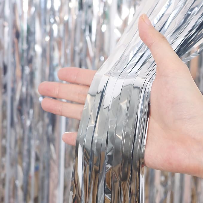 3.3 x 6.6 ft Foil Fringe Backdrop Curtains, Tinsel Streamers Party Decorations, Fringe Backdrop for Birthday, Baby Shower, Gender Reveal, Graduation (3, Silver)