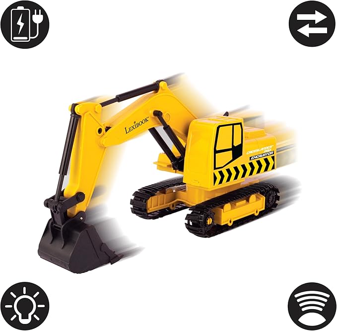 LEXiBOOK, Crosslander® pro RC Excavator, Remote Controlled Backhoe, Automatic Shovel, Play mat, Sand Moulds, 2 Trucks and a Bridge in Boxes Included, Rechargeable, RCP30