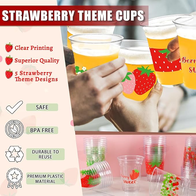 50Pcs Strawberry Party Decoration Cups, 12 OZ Disposable Plastic Strawberry Cups for Berry First Birthday Party Decor Supplies