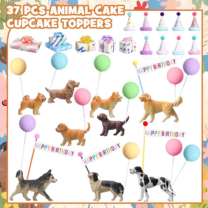 Weysat 37 Pcs Dog Birthday Party Decorations, Puppy Cake Cupcake Toppers with Mini Hats Miniature Flags Gift Boxes Balls Figure Models for Dog Puppy Themed Party Supplies for Adults