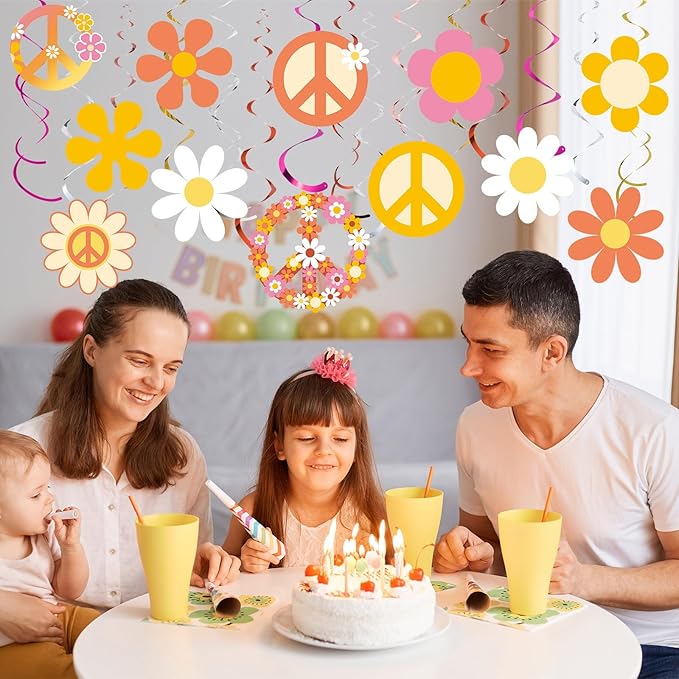 60s 70s Hippie Party Decorations Foil Swirl Decorations, 60s 70s Peace out Sign Groovy Retro Party Retro Flower Cutouts Peace Sign Hanging Swirls Ceiling for Hippie Groovy Birthday, 30 Count(Lovely)