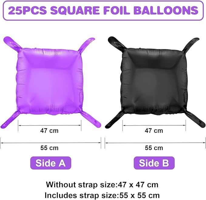 Black Purple Square Foil Balloon Wall,25Pcs Double Sided Foil Balloons Backdrop Helium Polyester Tunnel Arch Garland Kit for Birthday Bridal Anniversary Baby Shower Halloween Party Decorations