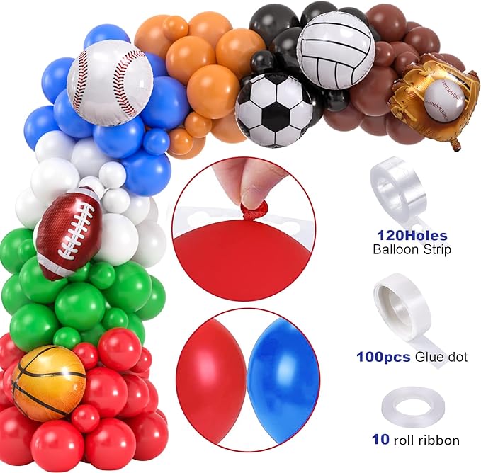 Winrayk 130Pcs Sports Birthday Party Decorations Supplies Sports Balloon Arch Backdrop Tablecloth Football Soccer Baseball Glove Basketball Volleyball Balloon Kid Sport Themed Birthday Party Supplies