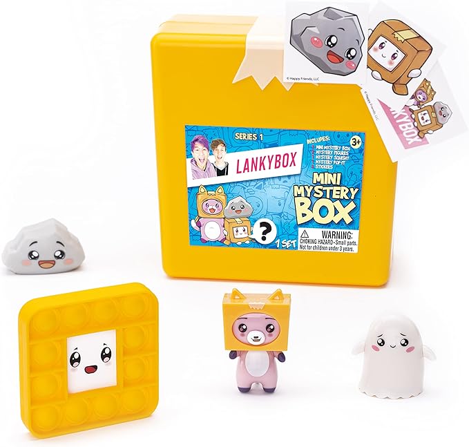 LankyBox Mini Mystery Box, for The Biggest LankyBox Fans, 2 Mystery Figures, 1 Squishy Figure, a pop-it, and 3 Stickers