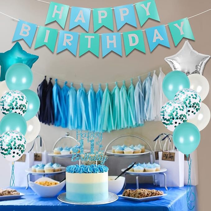 11th Birthday Decorations for Girls Teal - Happy 11th Birthday Decorations Eleventh Cake Topper Teal Fringe Curtain Turquoise Banner Number 11 Foil Balloon, 11 Year Old Girl Party Decor