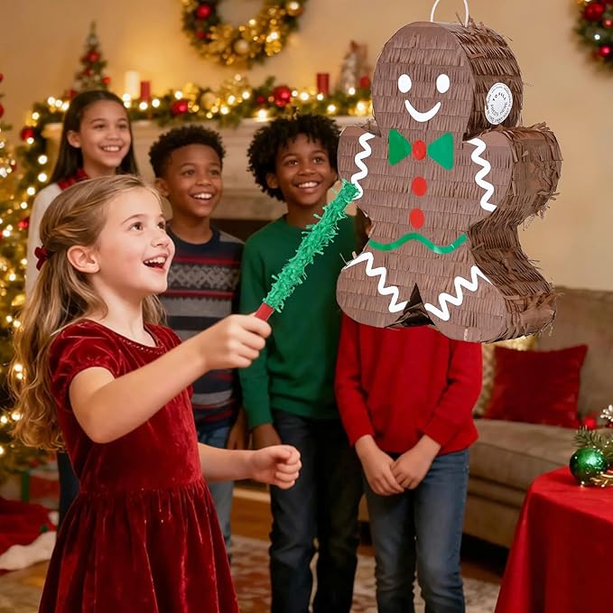 Christmas Gingerbread Man Pinatas Bundle with a Blindfold and Bat (Small Size 16.5x12.5x4 Inches), Holiday Theme Piñata, Christmas Party Supplies, Xmas Piñata, Party Decoration Games