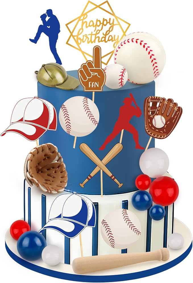 Baseball Cake Decorations 26PCS Baseball Cake Toppers for Boys Sports Theme Party Decoration with Baseballs Bat Glove Hat Player Red White Blue Balls for Baseball Themed Birthday Party Decorations