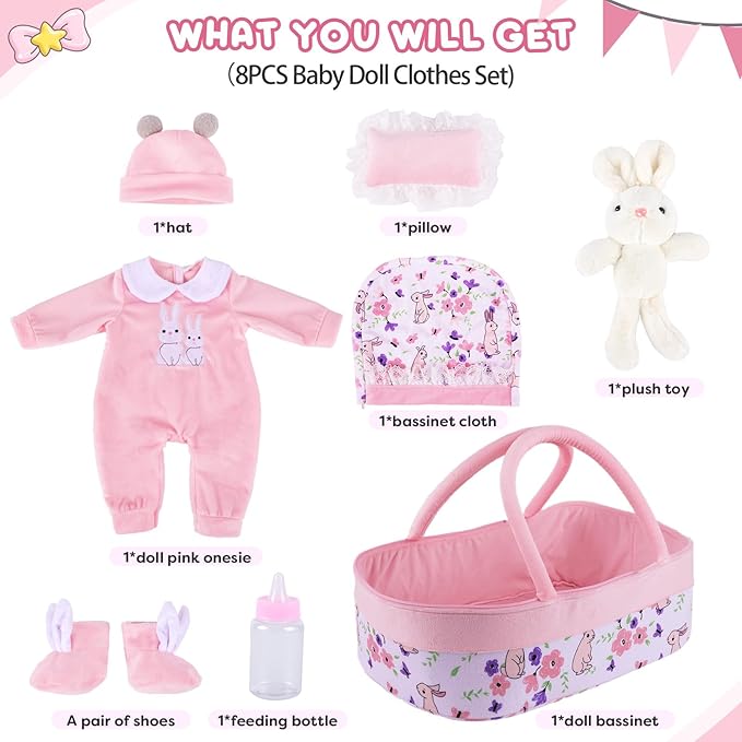 BABESIDE 8 Pcs Reborn Baby Doll Clothes with Bassinet for 17-22 Inch Baby Dolls, Baby Dolls Clothes Doll Accessories Set with Bunny Toy for Realistic Baby Dolls Girl (Not Doll)