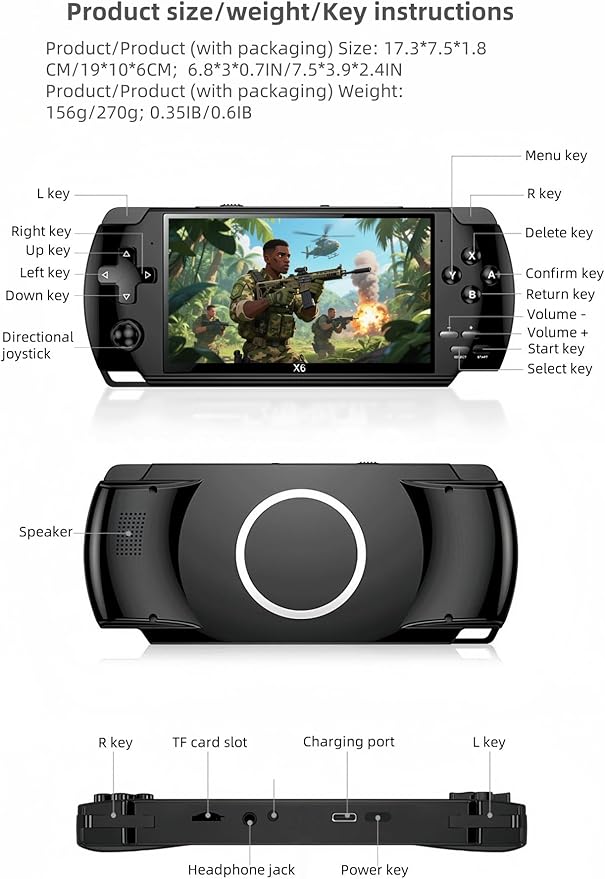 4.3-Inch Retro Handheld Game Console - with Classic Games, Portable Video Game Player with TV Connection, Supports MP4/MP3/eBook Playback, Rechargeable Battery & TF Card Expansion (Black)