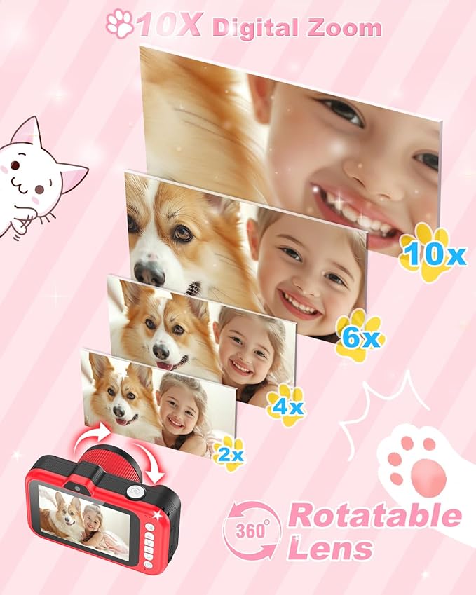 Kids Camera, 1080P 48MP Front Selfie Toddler Camera, 3.5 inch Big Screen Toy Camera, 10X Zoom in Chritmas Birthday Gift Cameras for Kids Boys Girl Age 2 3 4 5 6 7 8 9 10 11 12, Red