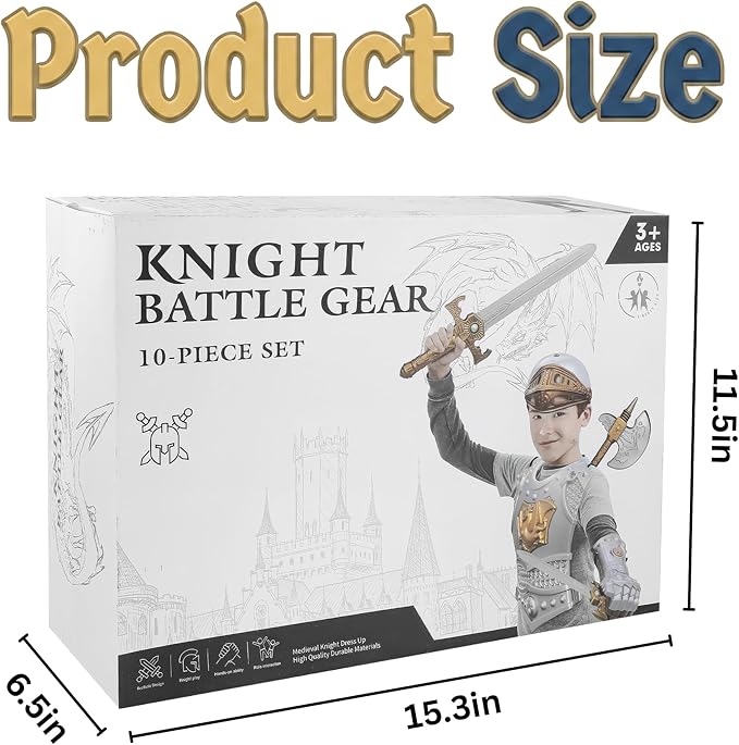 Liberty Imports Medieval Knight in Shining Armor, Kids Crusader Pretend Role Play Plastic Costume Dress Up Cosplay with Toy Swords, Axe, Shield, Weapons & Accessories Playset