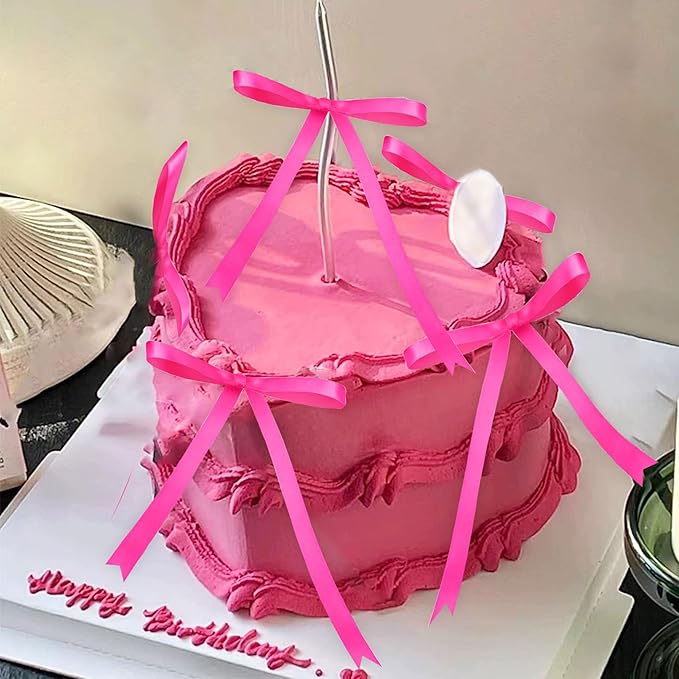 12 PCS Hot Pink Bow Cake Topper Bowknot Ribbons Coquette Bow Cake Decorations Dessert Picks for Pink Bows Birthday Party Bridal Baby Shower Wedding